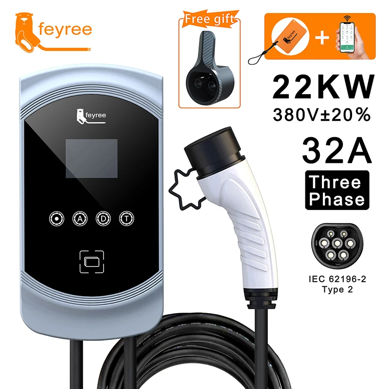 feyree  EVSE electric car charging station 32A 22kw ev charger Wallbox Type2 3 Phase  for Electric Vehicle Wifi APP Control RFID