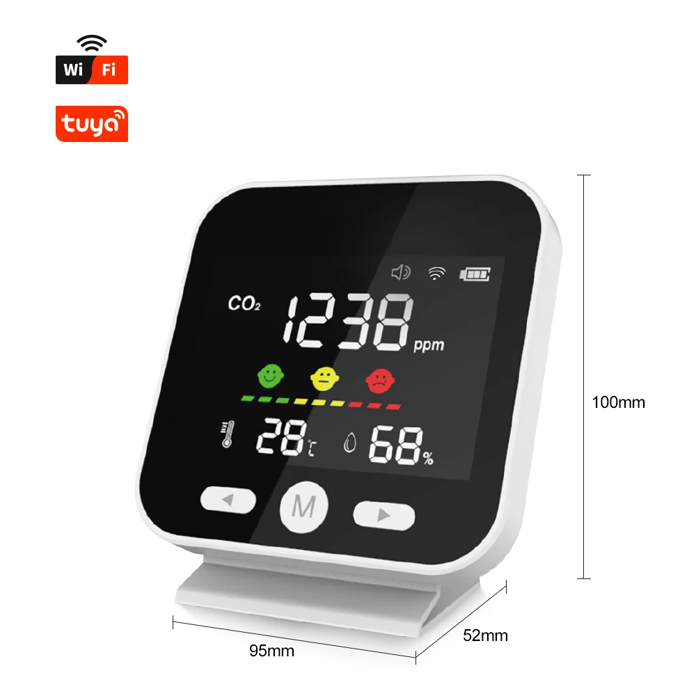 NDIR Sensor Tuya APP Portable Desktop LED Screen Display CO2 Monitor with Alarm Function 1000ppm Alarm Value USB Charging