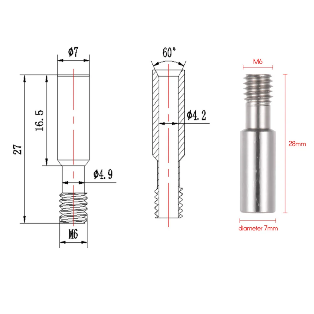 Factory CR10 3D Printing Stainless Steel Throat With Tube Extruder 1.75mm 3.0mm 27mm*7mm