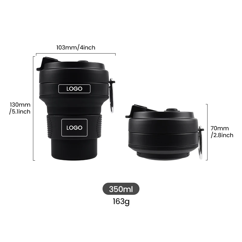 Wholesale Eco Friendly BPA Free Reusable Collapsible Folding Travel Coffee Cup Silicone Foldable Tea Drinking Cup 350ml With Lid