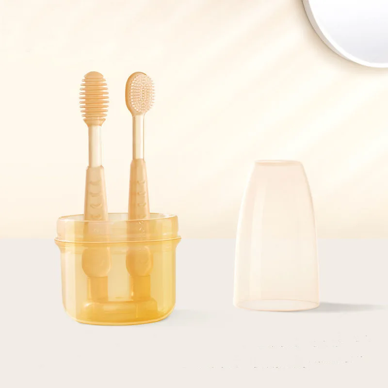 Baby Soft Bristle Toothbrush and Silicone Tongue Brush Infant Toddler Oral Care Toothbrush Training Teeth Brushes with Cover