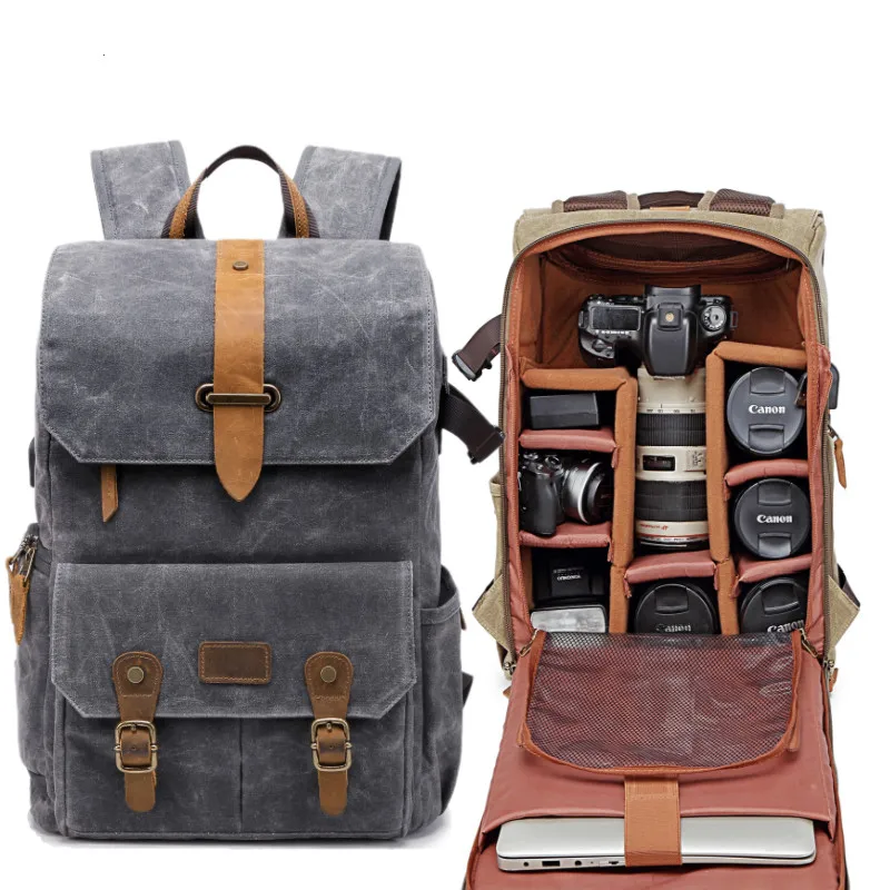 waterproof vintage padded camera bag with USB removable inserts shockproof wax canvas camera backpack