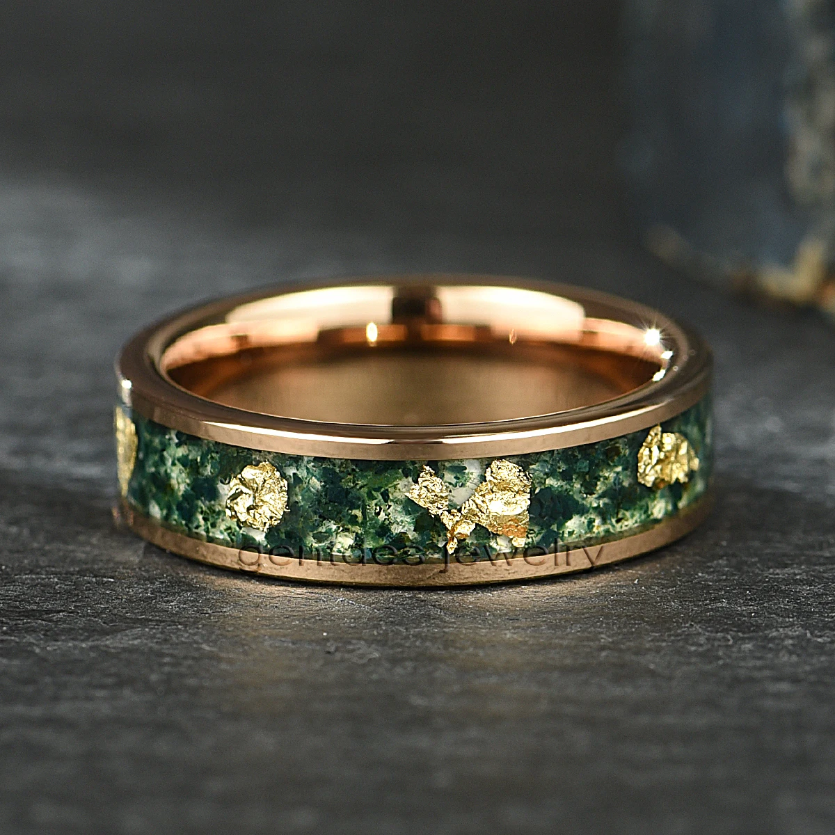 Gentdes Jewelry Custom Handmade Flat Rose Gold Tungsten Carbide Ring Inlay Moss Agate And Gold Foil Wedding Ring For Woman Lady