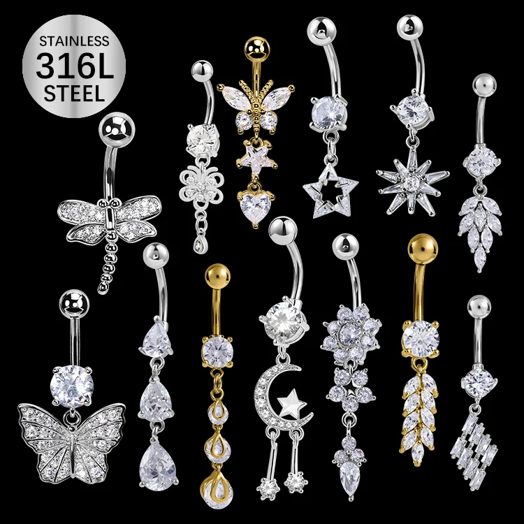Summer Sexy Gold Silver Belly Piercing Navel Piercing Rings Flower Dangle Cz Zircon Butterfly Belly Button Ring