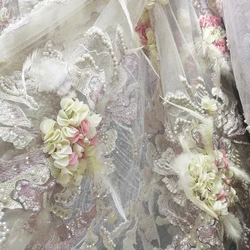 Elegant Yellow 3D Handwork Flowers Embroidery Designs Beaded Fabric Wholesale Price Beautiful French Sequins Clothing Lace Tulle