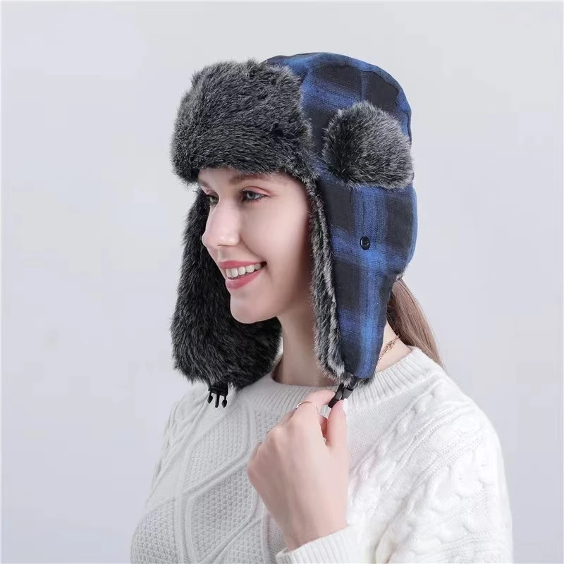New spot plaid winter hat with ear flaps unisex thickened warm  Plush Russian Ushanka Fur Trapper Hat Fluffy Ski Cycling Cap