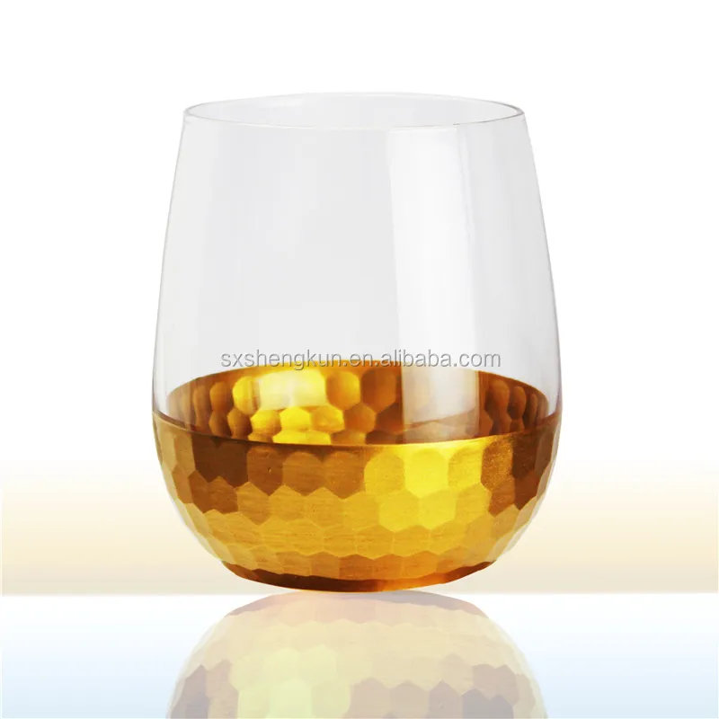 New Design Colorful Handmade clear lead-free crystal 350ml egg shaped stemless wine drink tumbler glass with Rose Gold Carving