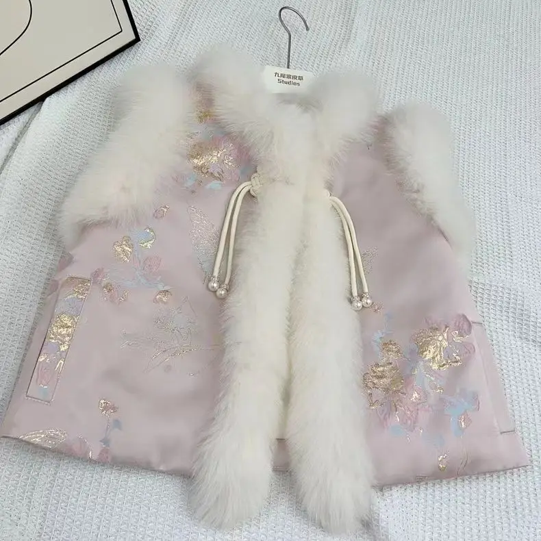 Custom Girls Plus Size waistcoat V-neck Genuine Fox Fur Vest with Denim Goose Down Cotton Filling Short Length at an Price