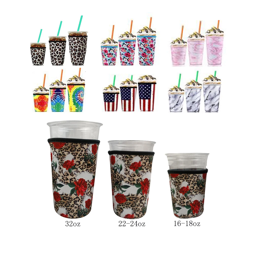 Многоразовые ледяные кофейные рукава из неопрена с принтом от производителя 3 размера 16-32 унции