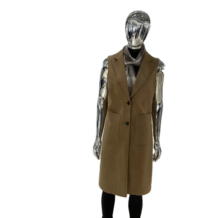 
Fashion Design Sleeveless Vest Cardigan Women Black Long Handmade Sleeveless Coat Double Breasted Belt Ladies Cashmere Wool Vest 