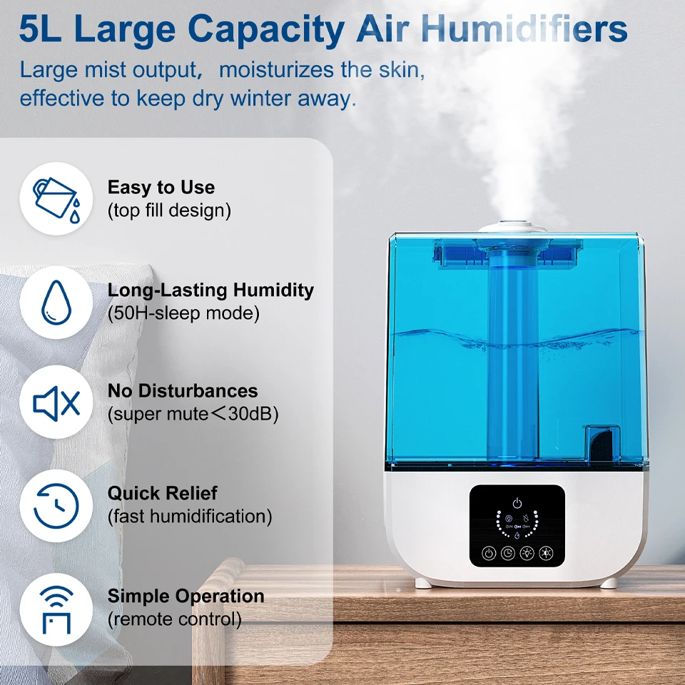 Air Humidifier Cool Mist Indoor Home Water Diffuser Oil Humidifier Large Capacity 5L for Large Room