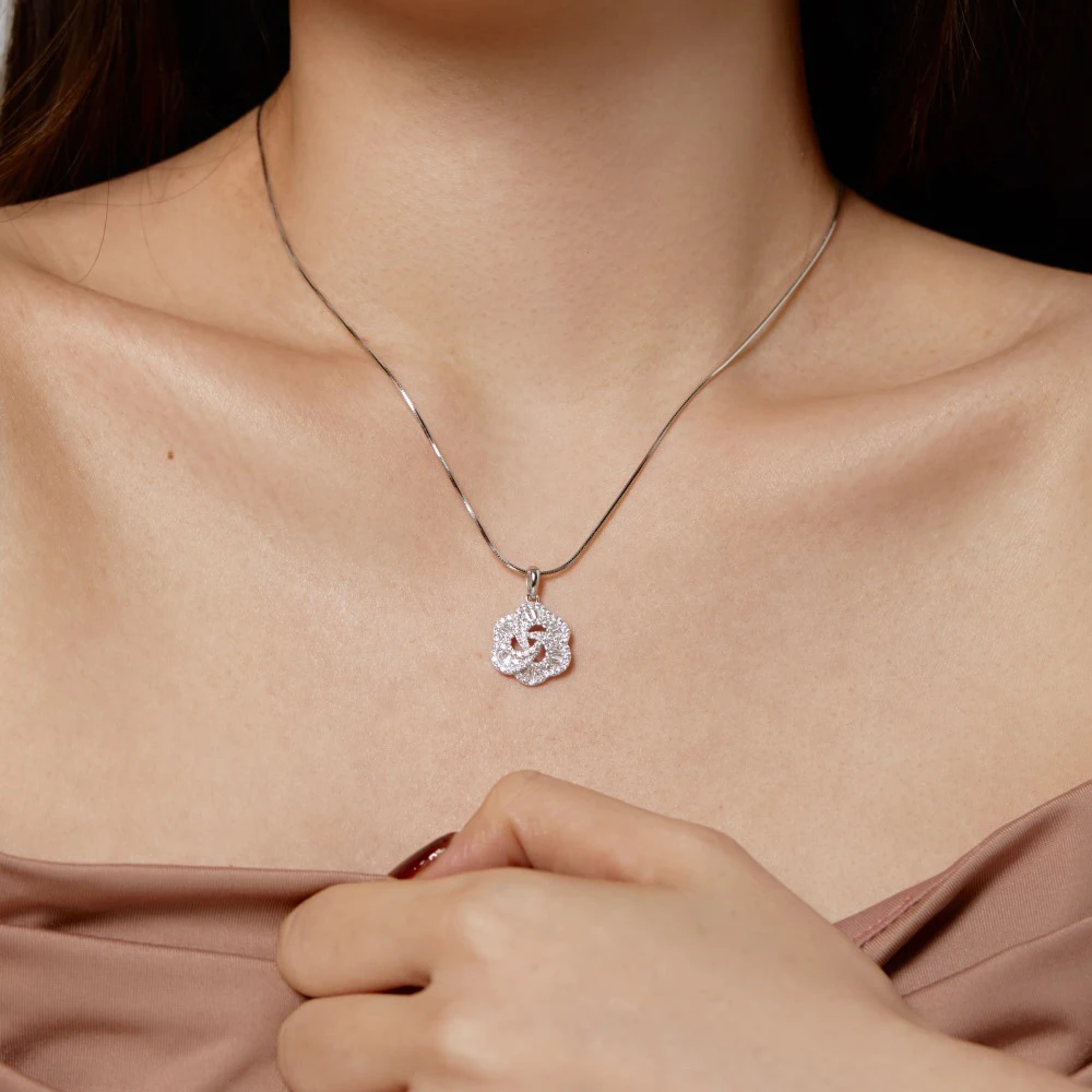 Dylam Stylish 925 Sterling Silver Rhodium Plated Snake Chain 5A Cubic Zircon Infinity Flower Pendant Necklace Jewelry for Women