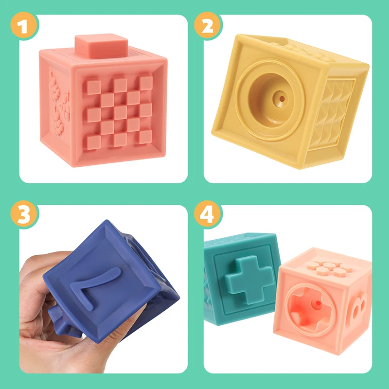 Hot PVC Soft Rubber Squeeze Cube Teether Toy Baby Teething Bite Play Stacking 3d Embossed Number Building Blocks