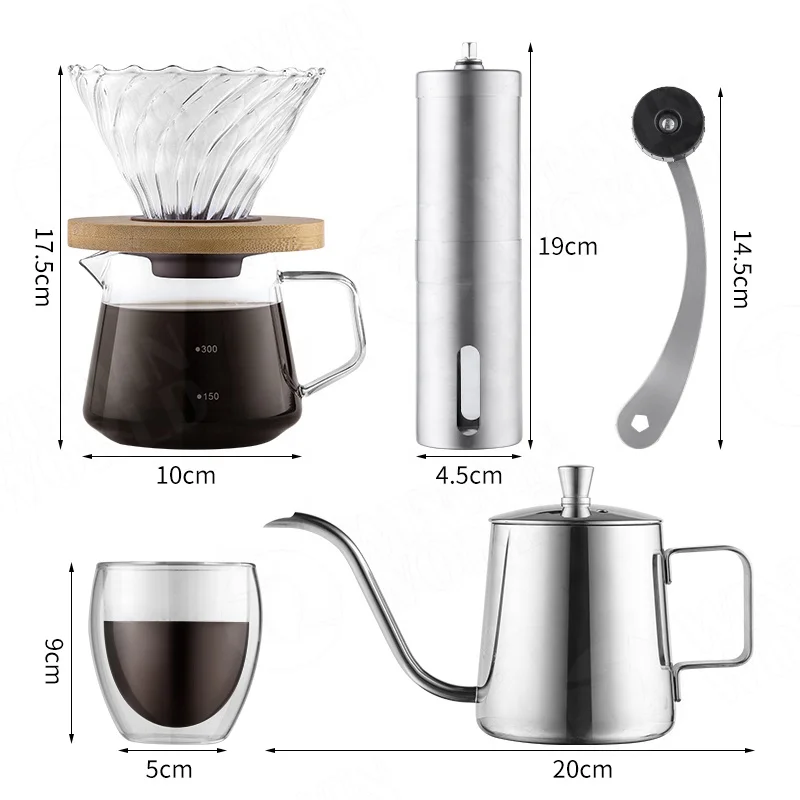 Modern Dripper Coffee Gift Set Includes Kettle,Manual Grinder and Glass Cup,ALL in 1 Great Portable Box for Traveling