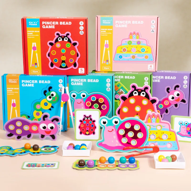 Wooden educational toy pincer bead game kids funny bead clamping game clip on beads hand eye coordination training