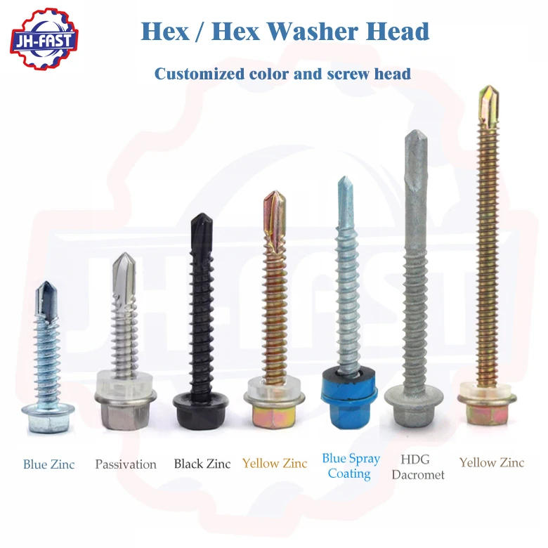 Black Yellow color hex self drilling tek screw for sheet metal roofing DIN7504K hex washer head self drilling roofing screws