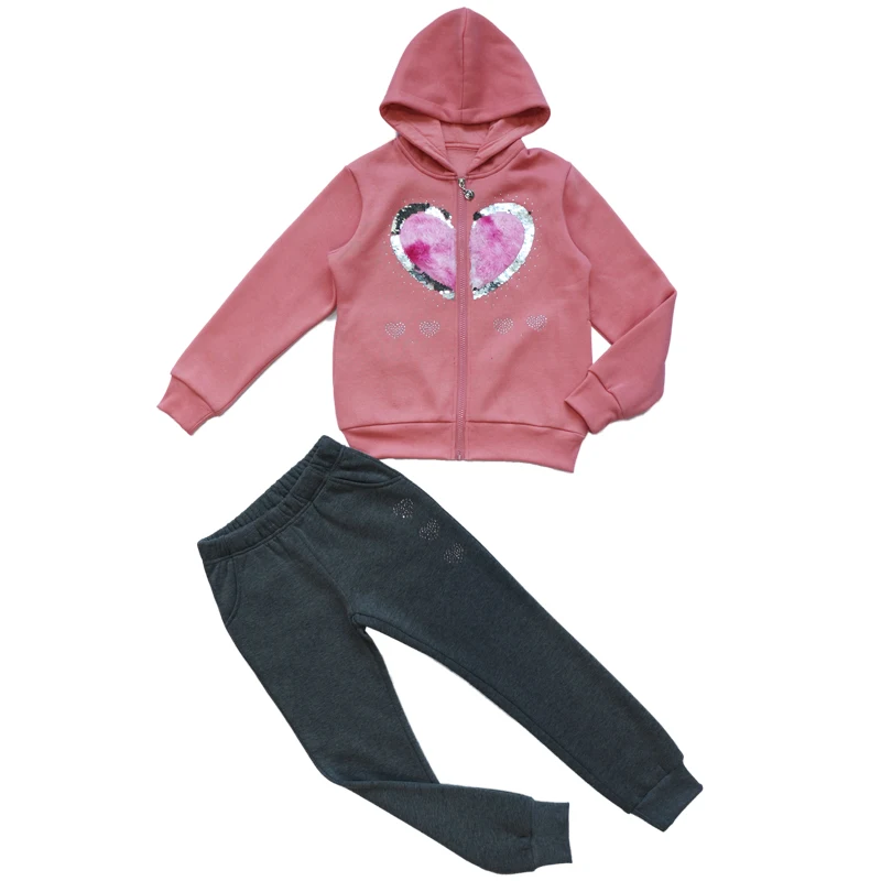 Low MOQ ready to ship causal daily wear 2 piece zipper hoodie jacket cotton material wholesale kids clothing set for girls