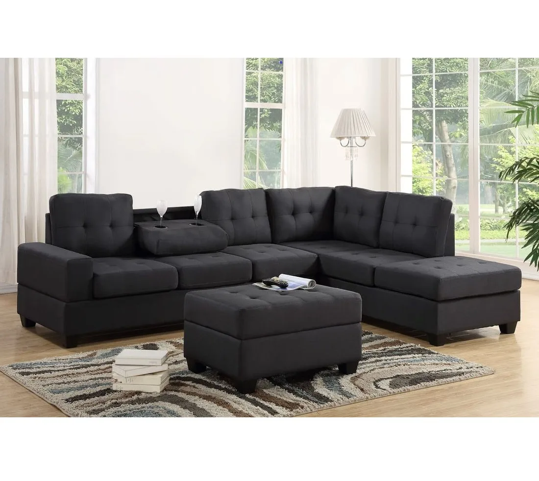 Hot sale modern living room sofa chaise lounge L shaped sofa sets black leather and fabric sectional corner sofa