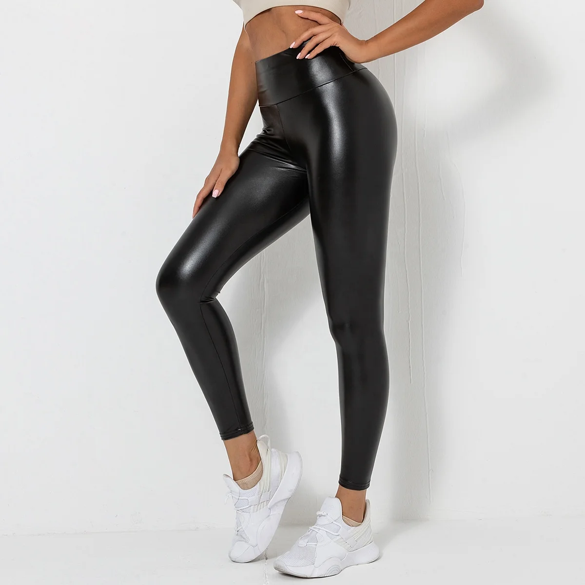 Wholesale Sexy Black Party Faux Pu Leather Leggings High Waist Butt Scrunch Leggings For Women