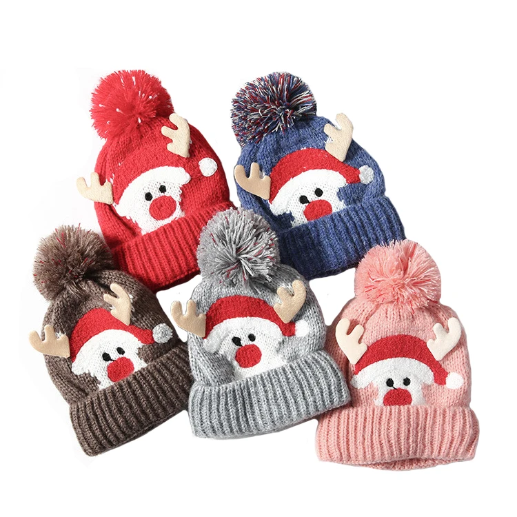 Warm christmas kid cute animal santa hat children pom pom knit beanie