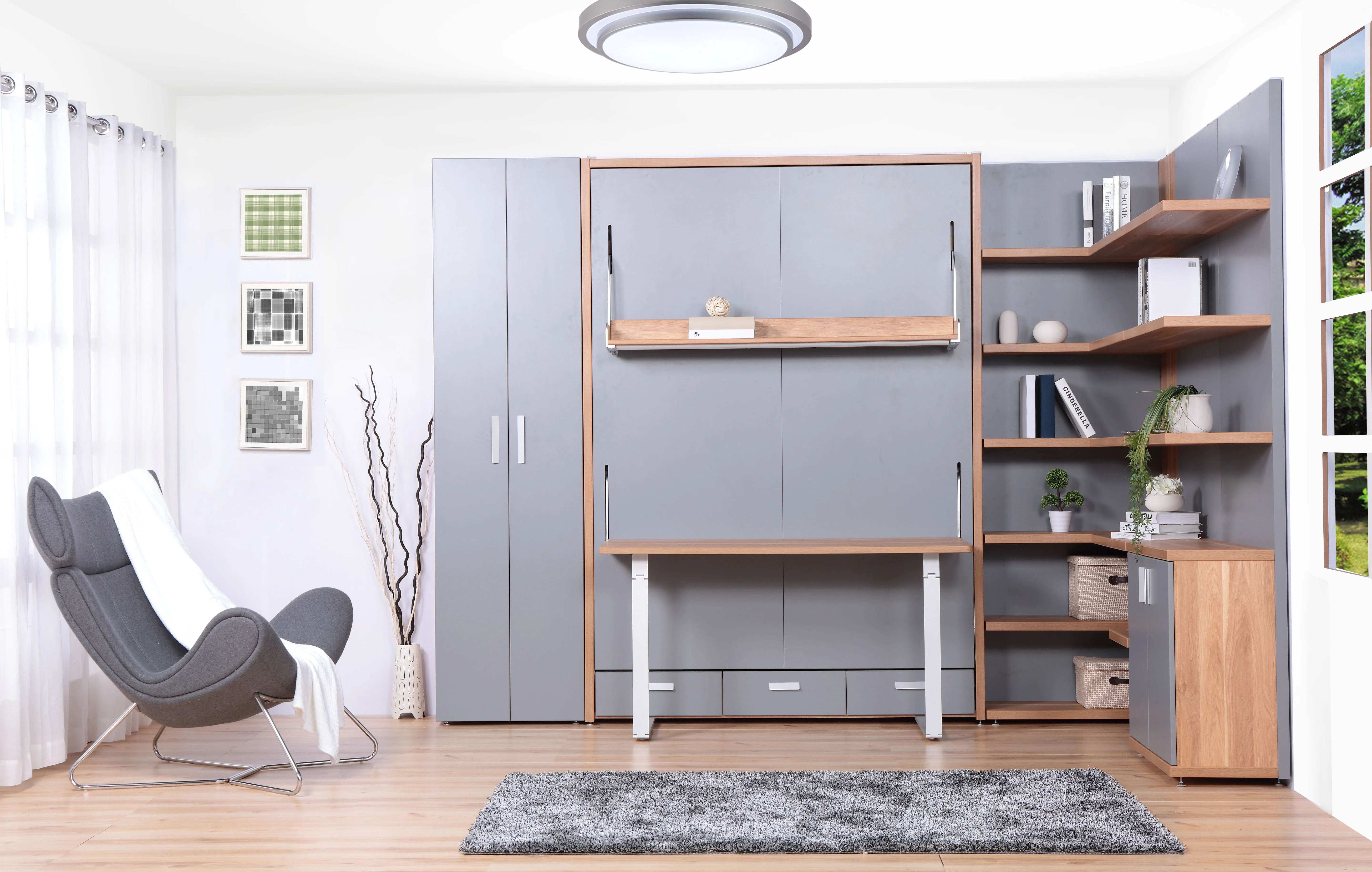 Vertical Wall Beds EN1129-1 Smart Furniture Folding Desk Wall Bed With Bookshelf And Desk For Hotel