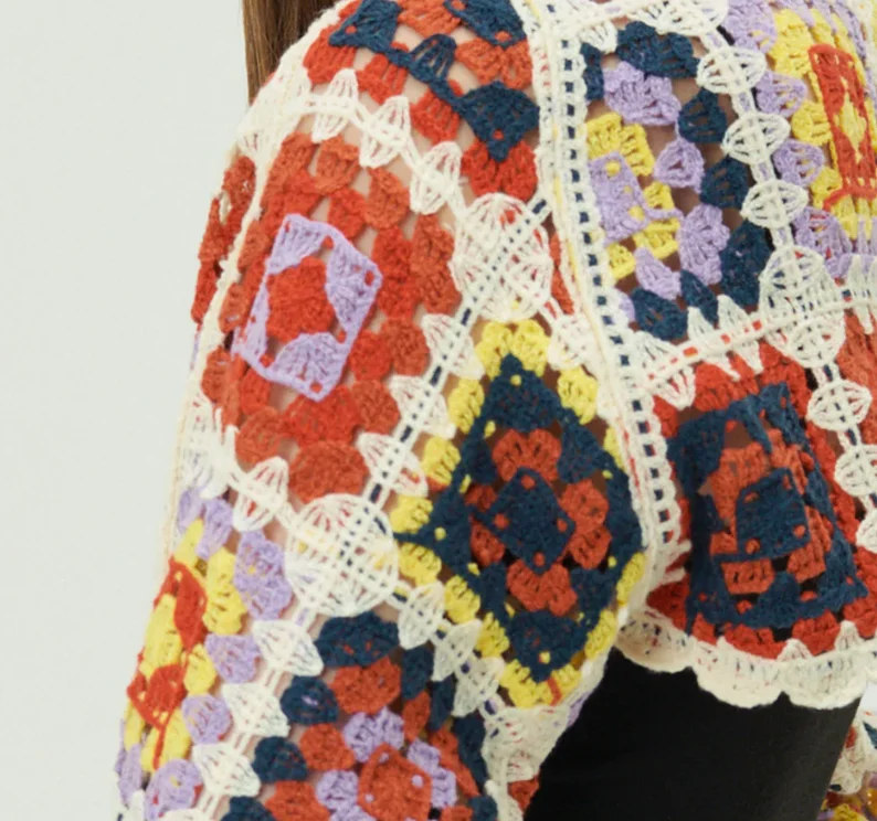 2022 New Design Custom Hand Hook Open Front Crochet Women Short Style Sexy Joy Granny Square Shrug Cardigan