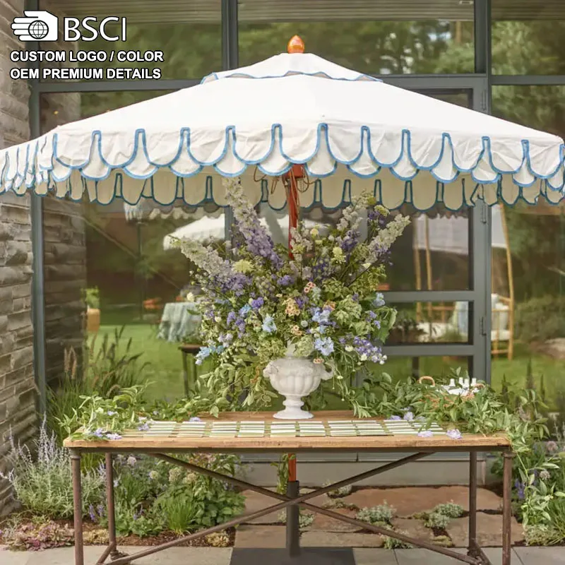 BR-Wholesale Popular Sunshade Custom Printed Luxury Sun Patio Umbrella With Tassels Outdoor Scalloped Garden Beach Umbrella