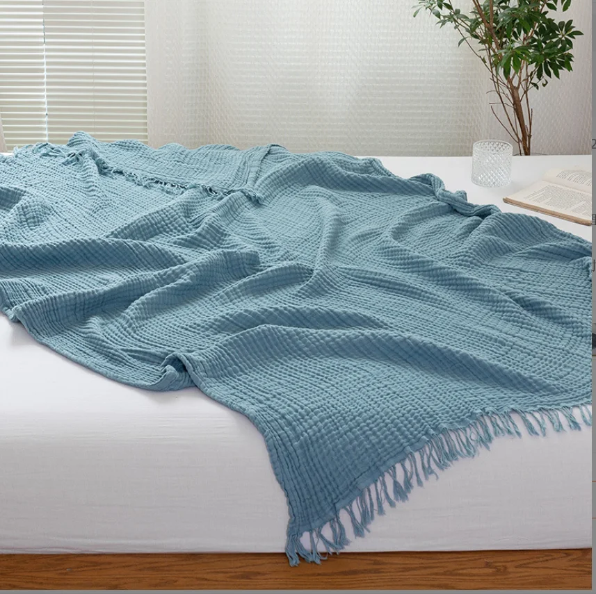 Soft Thick Reversible  100%  Cotton  gauze  4-Layers Fringed  wrinkle Muslin Throw Blanket For Adult or Kids
