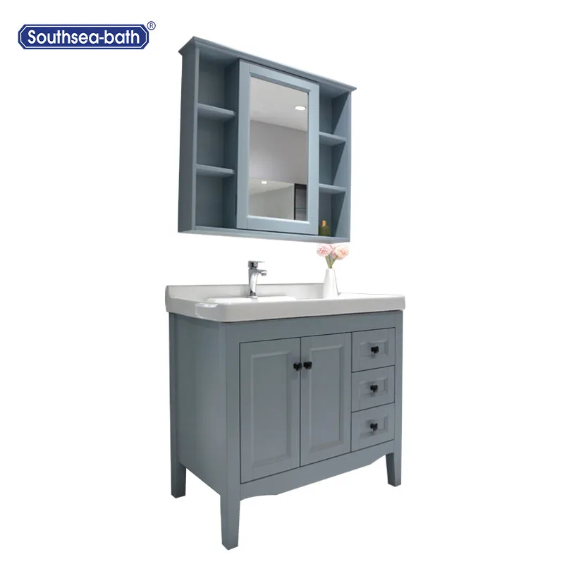 34 inch light green grey modern oak solid wood bathroom vanity cabinet with ceramic porcelain sink