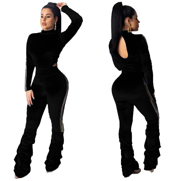 C91925 wholesale ladies velour two piece set longsleeves jumpsuit plus long bottoms 2 piece clothing set winter 2020