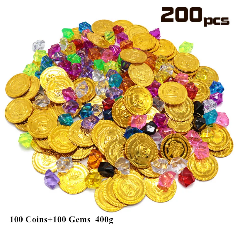 288pcs Packing of 144pcs Pirate Gold Coins and 144pcs Acrylic Gems Kids Simulation Toy
