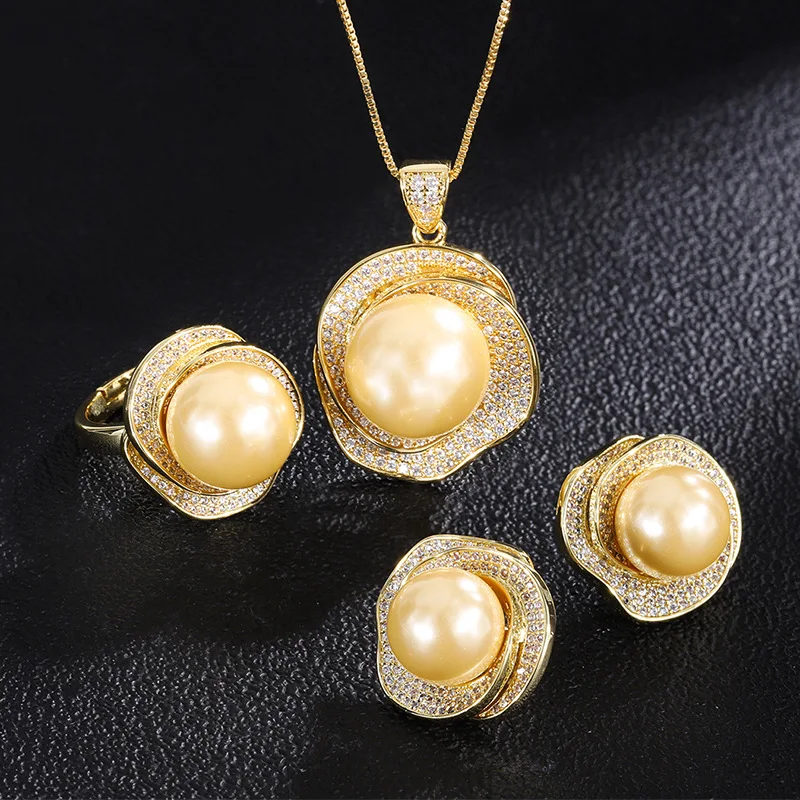 High Quality Africa Bridal Jewelry Set Fashion 18k Gold Plated Full Zircon Flower Shape Pearl Earrings Ring Necklace Set Girl