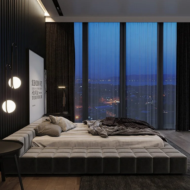 Коллекция серый современный стиль Вельветовая мягкая кровать с пуговицами рифленый изголовье Королевский размер