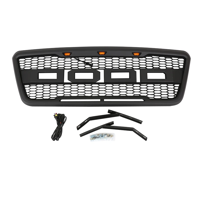 Matte Black Front Hood Mesh Grille+Amber 3x LED Fit For Ford F150 2004-2008