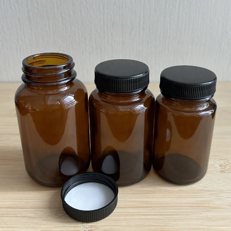 100ml 4oz 8cc Black Ribbed Cap Amber Powder Chemical Packing Medical Glass Bottle For Tablet