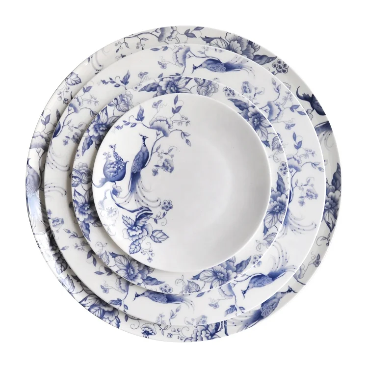
Western dinnerware set ceramic blue white round dinner plates for restaurant 