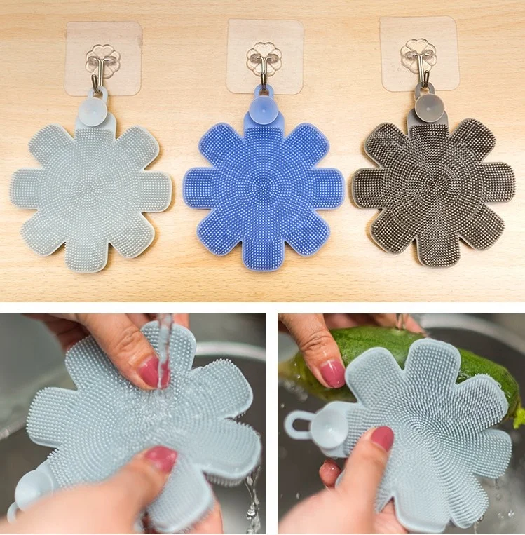 Reusable Wholesale Sponge Silicone Washing Sponge Kitchen Scrubber Flower Shape Cleaning Brush with Suction Cup Household Gadget