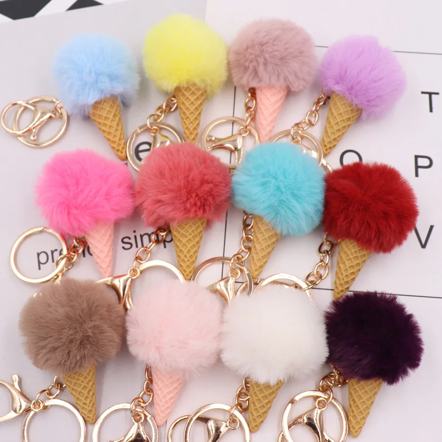 Ding Yi wholesale Fur Puff Key holder Ball Shape colorful Pom pom kids Ice cream Keychain