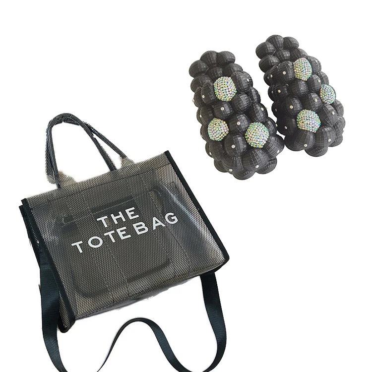 Tiktok Hot Women Massage Pink Bling Bubble Slides Rhinestone and Fashion Clear Jelly Tote Bag Set for Summer