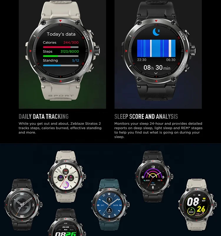 Zeblaze Stratos 2 AMOLED Display 24h Health Monitor Smartwatch Long Battery Life GPS digital smart watch
