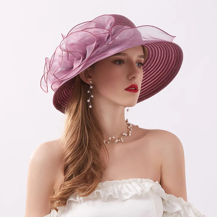 Fashion organza Church Hat for lady Floral Wide Brim luxurious Wedding Party Hat foldable top hat