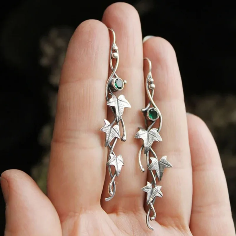 Korean Silver Plated Leaf Vine Earrings with Cubic Zirconia Ethnic Antique Plant Earring Women Jewelry