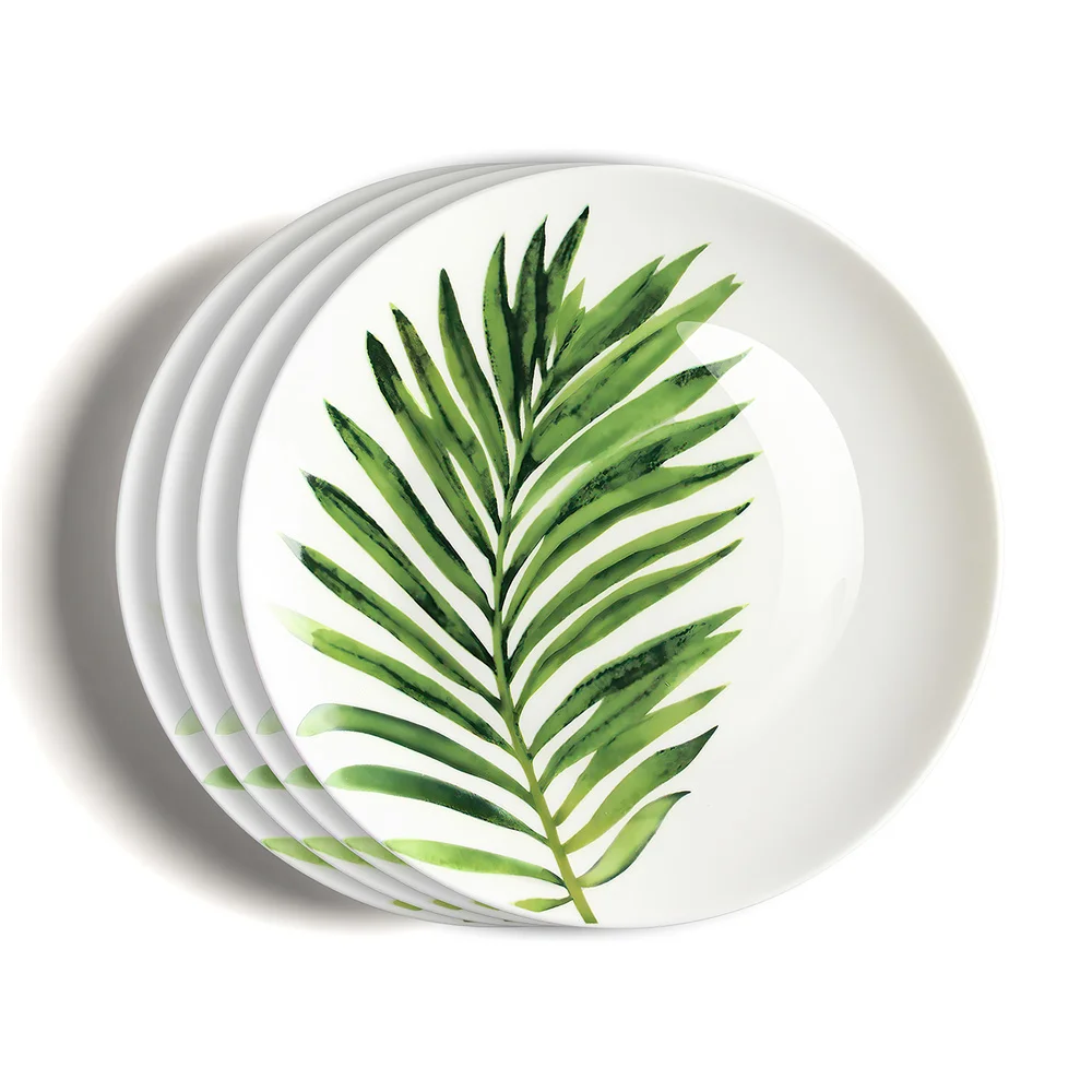 Bone china Decorative Dinner Plates with Green Leaf Pattern Round Plates for Table Service
