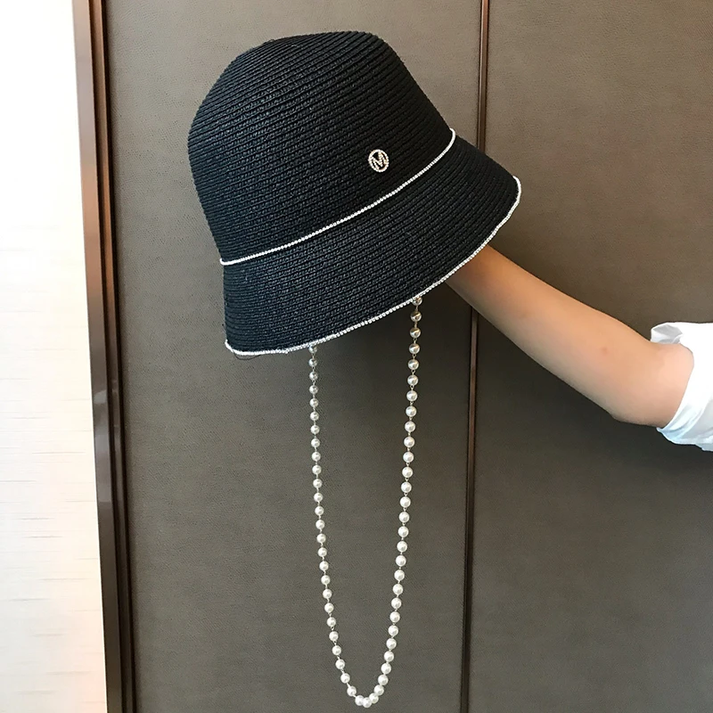 Wholesaler Korean INS Style Women Pear Chain Straw Hats Fashion Luxury Ladies Summer Sunscreen Beach Travel Wedding Buckets Hats