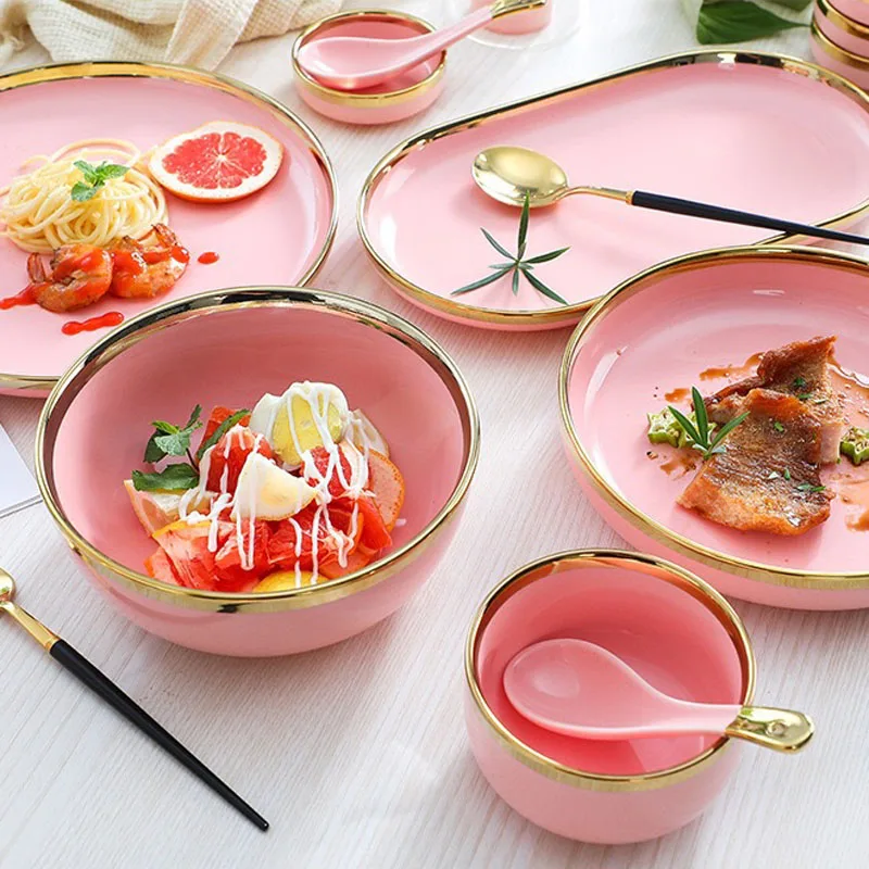 Cheap Wholesale Restaurant Hotel Bone china Fine Ceramic New Style Chinese Porcelain Pink Dinner Set Dinnerware