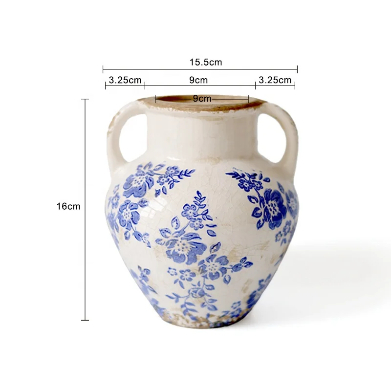 No MOQ Wholesale Retro Ice Crackled Waterproof Farmhouse Pitcher Flower Vases Blue Ceramic Vase for Home Decor