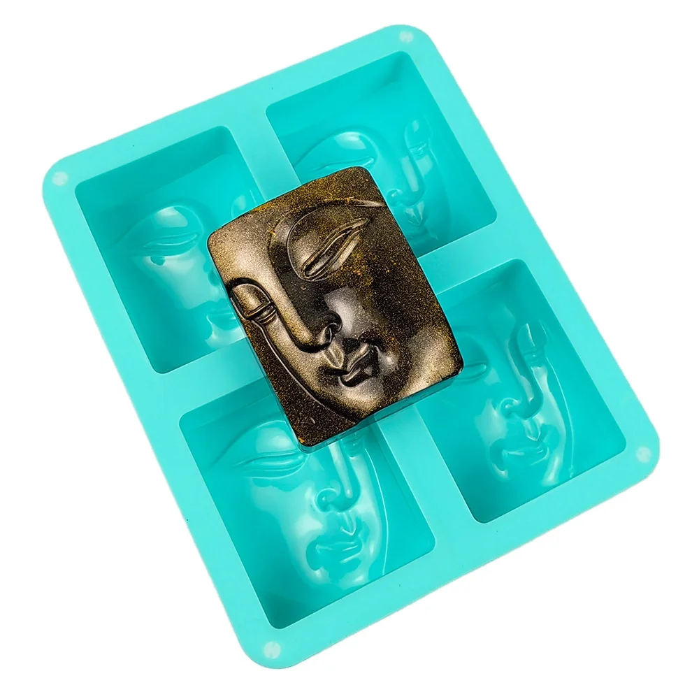 4 Cavity Rectangle Moon Face Silicone Soap Mold Buddha Face Mold for DIY Jelly Shots Ice Cube Candy Cupcake Topper Decoration