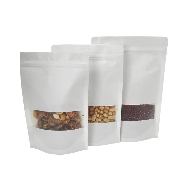 Zip Bag Packaging Recycled Materials Reuse Eco Open Window Design Flat Bottom Kraft Paper Food Stand up Pouch with Window White