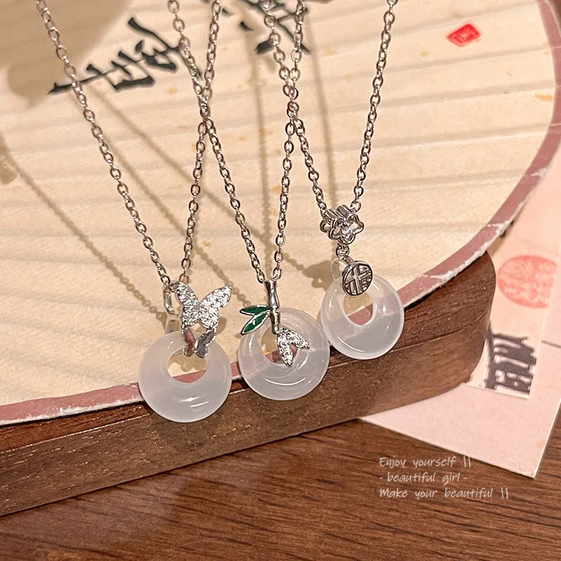 Chinese Style Safe Buckle Necklace For Women Jade Peace Buckle Lucky Bamboo Butterfly Zircon Charm Pendant Necklace