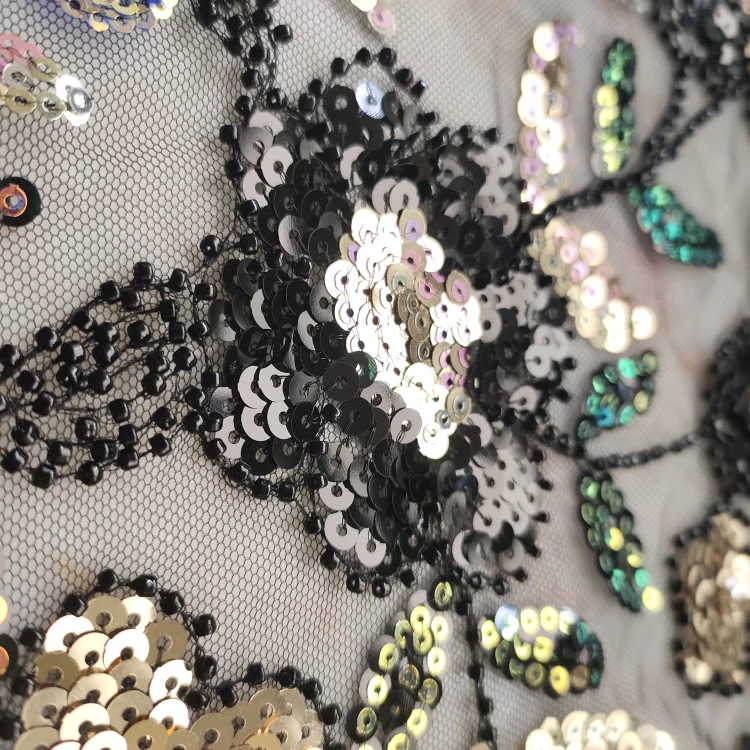 Rongbao MZ9 # 3D французская Черная кружевная ткань, вышивка блестками, бисер, модная черная свадебная ткань